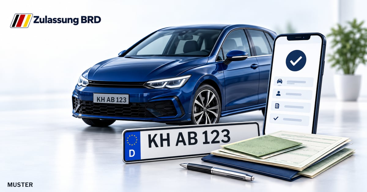 Online Fahrzeugzulassung in Bad Kreuznach: Musterkennzeichen KH AB 123, Auto und Fahrzeugpapiere und Smartphone. Illustration mit Logo von Zulassung BRD.